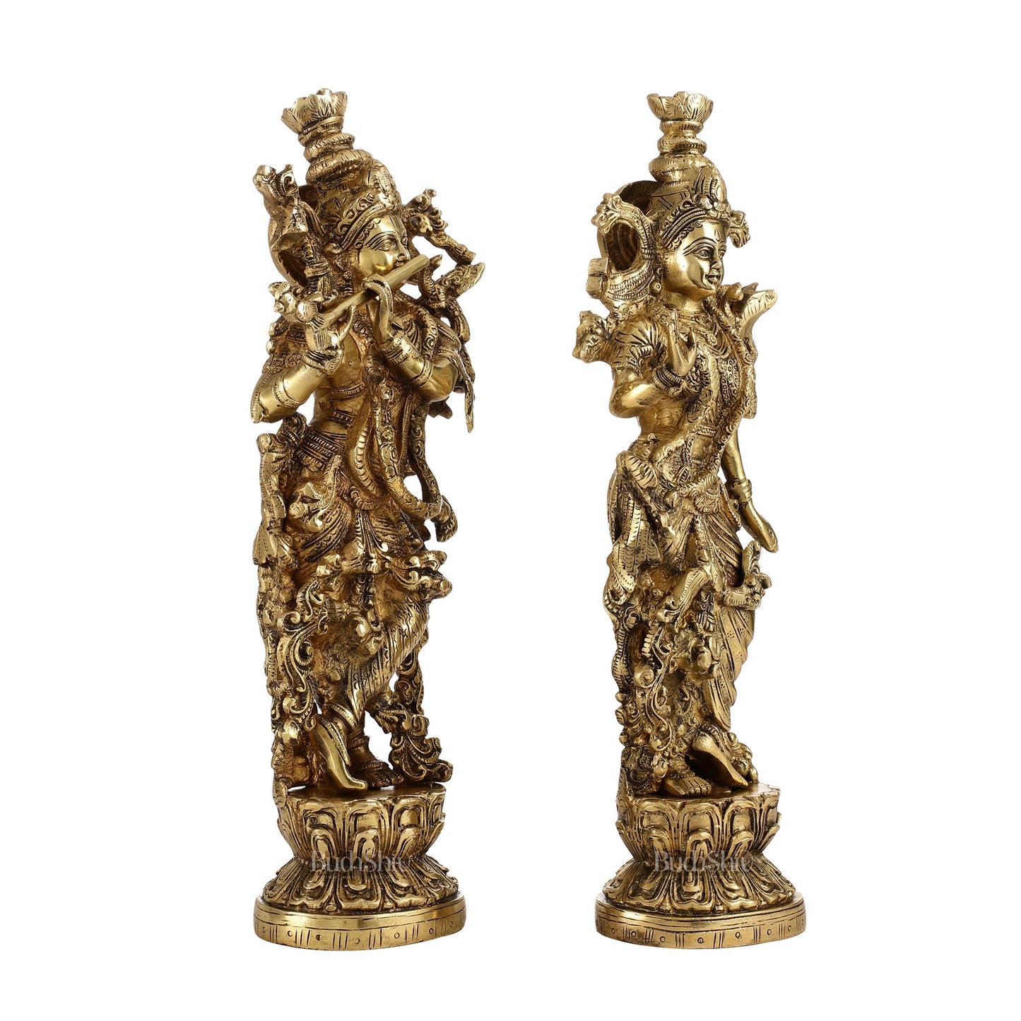Brass Superfine Radha Krishna Statues - Finely Carved with Sharp Features 14 inch