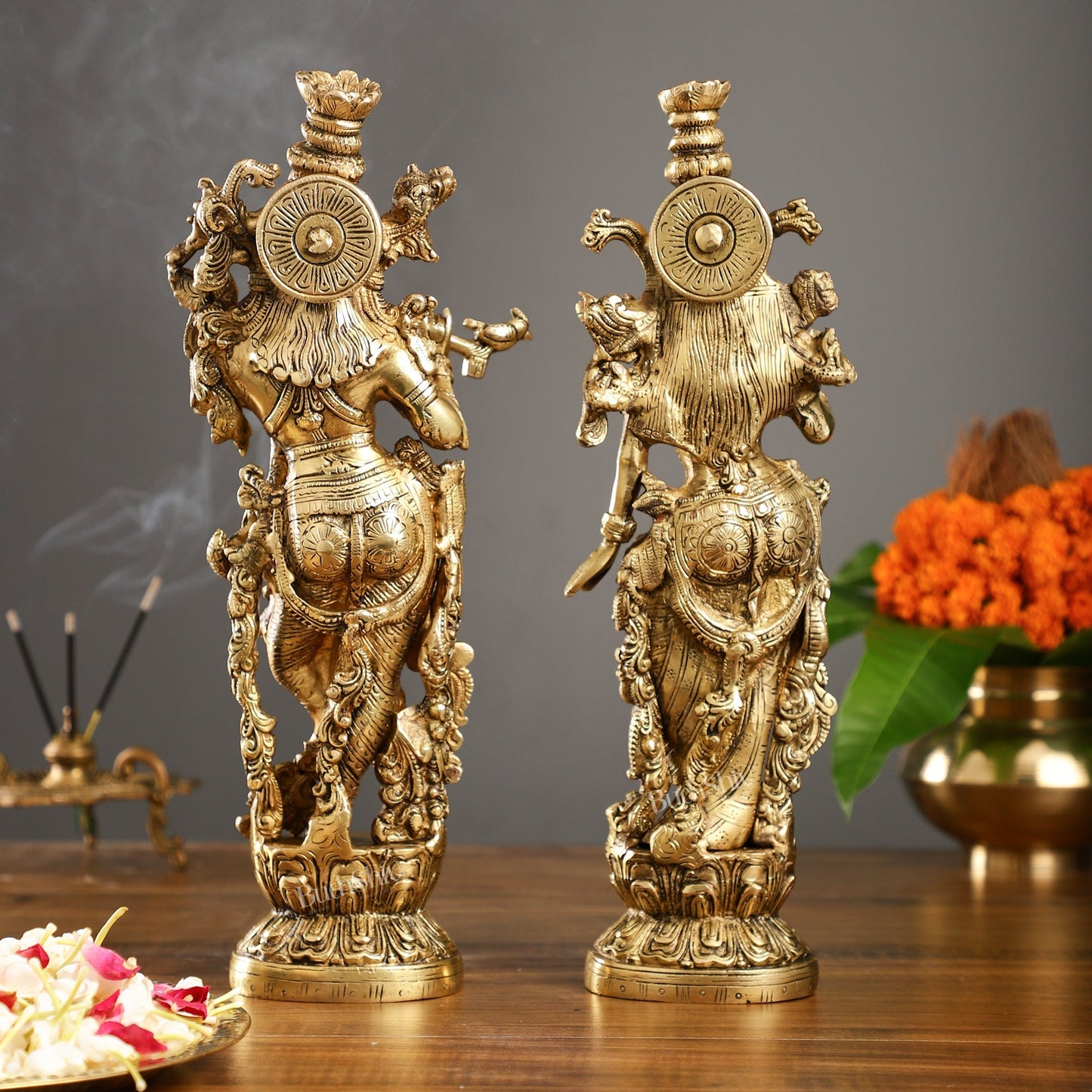 Brass Superfine Radha Krishna Statues - Finely Carved with Sharp Features 14 inch