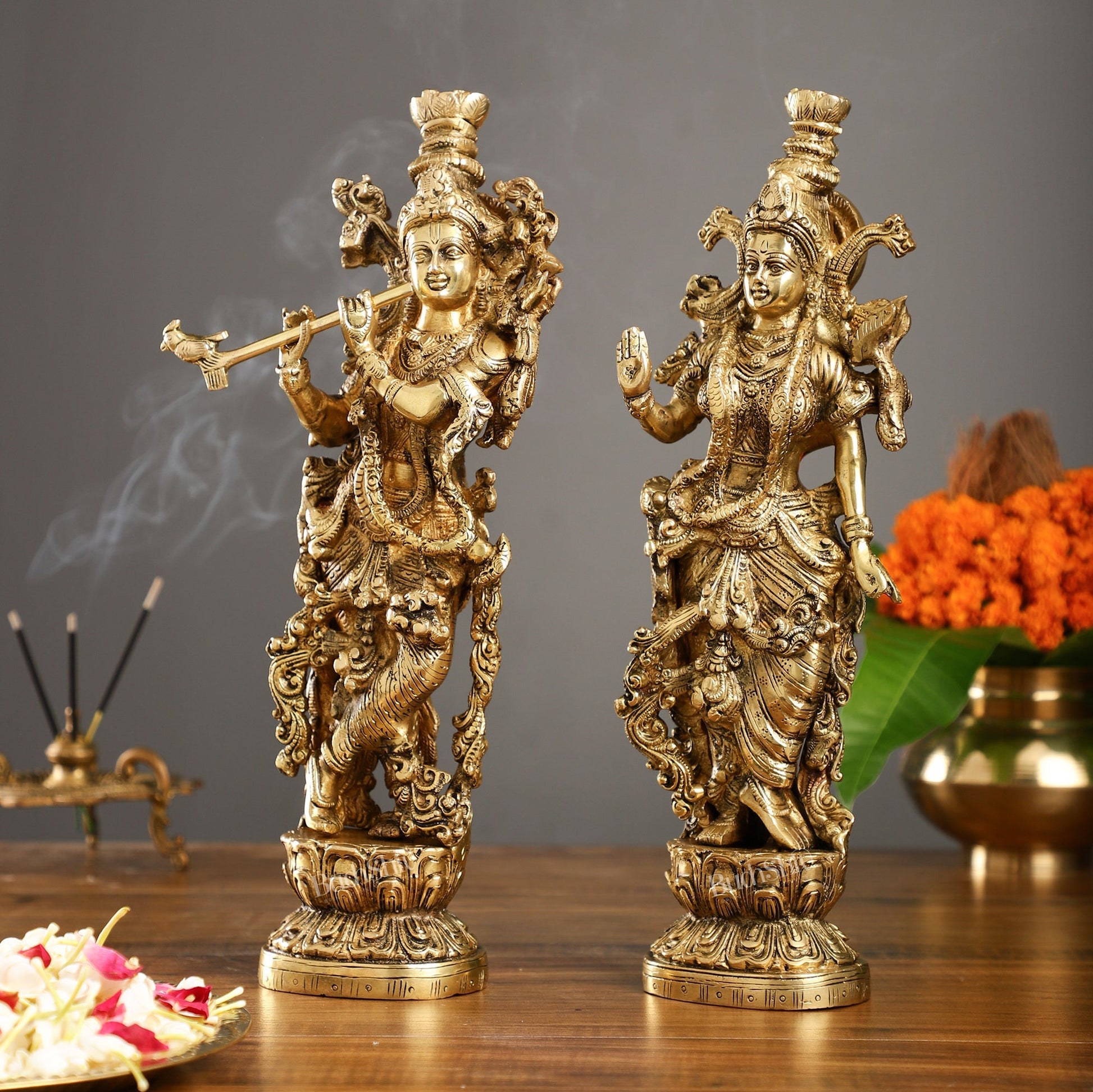 Brass Superfine Radha Krishna Statues - Finely Carved with Sharp Features 14 inch