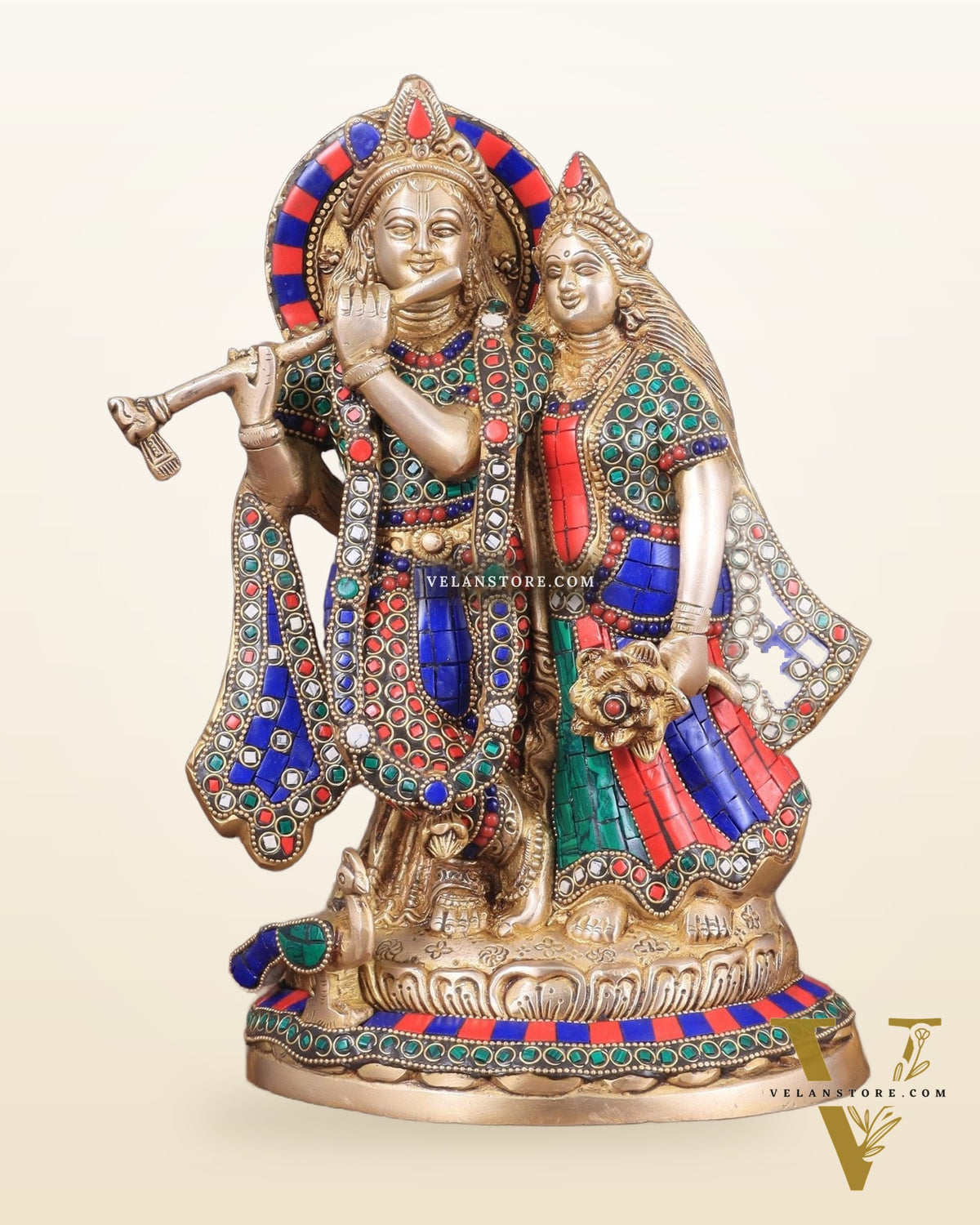 Brass Superfine Radha Krishna together idol - 12 inches with stonework