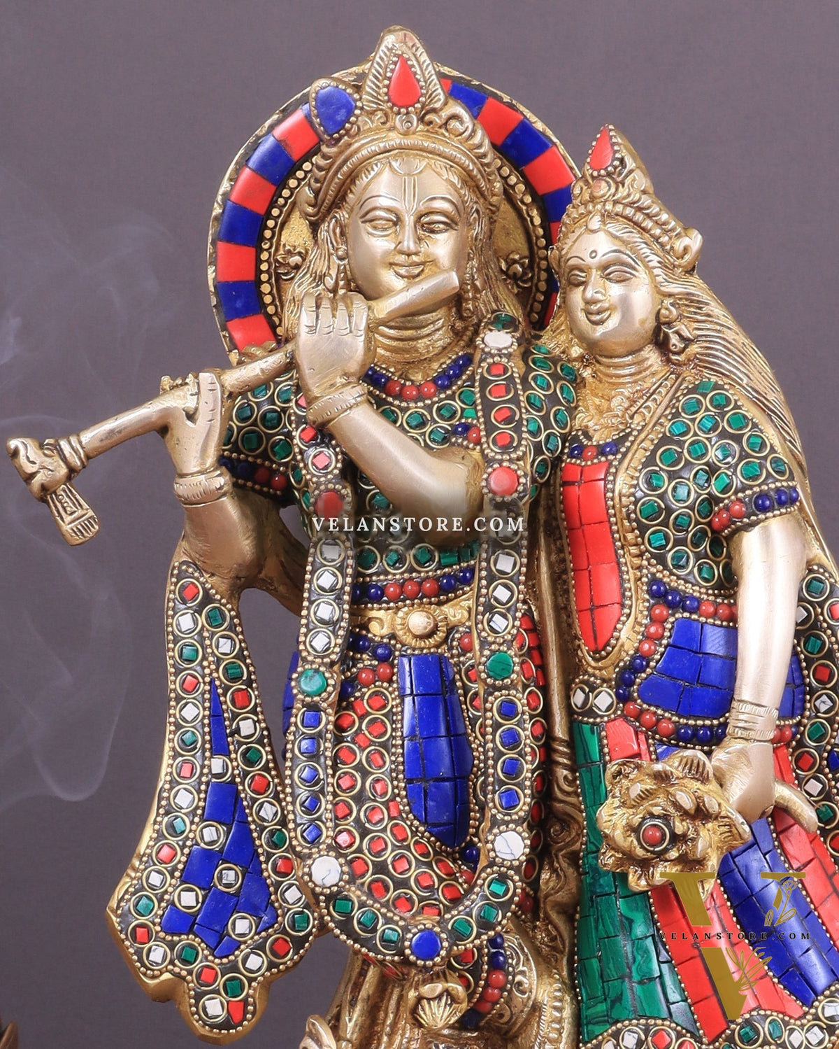 Brass Superfine Radha Krishna together idol - 12 inches with stonework