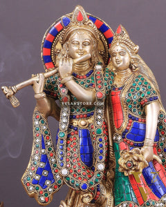 Brass Superfine Radha Krishna together idol - 12 inches with stonework