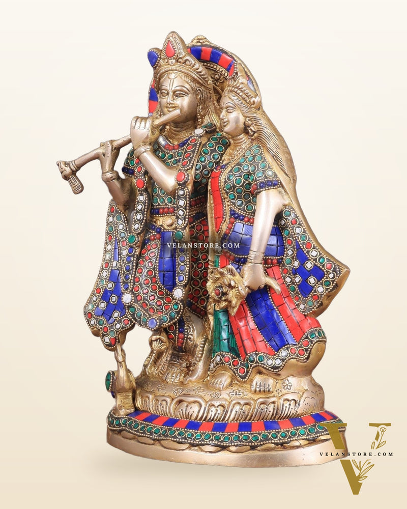 Brass Superfine Radha Krishna together idol - 12 inches with stonework