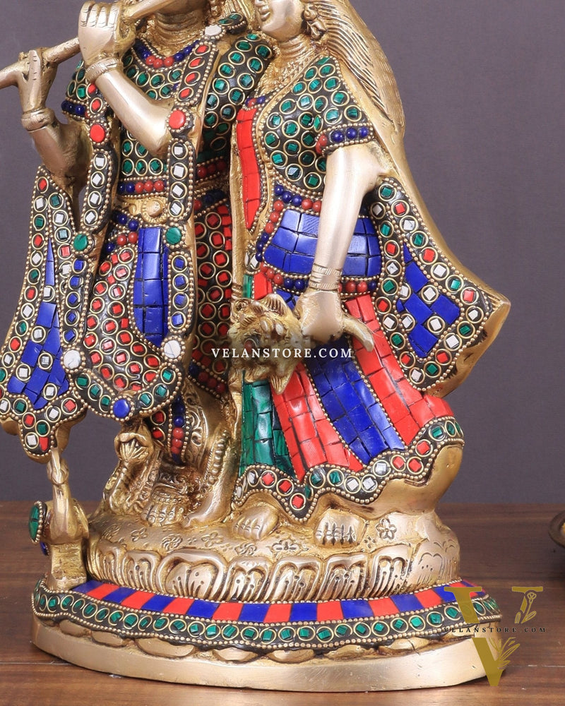 Brass Superfine Radha Krishna together idol - 12 inches with stonework