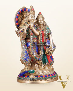 Brass Superfine Radha Krishna together idol - 12 inches with stonework