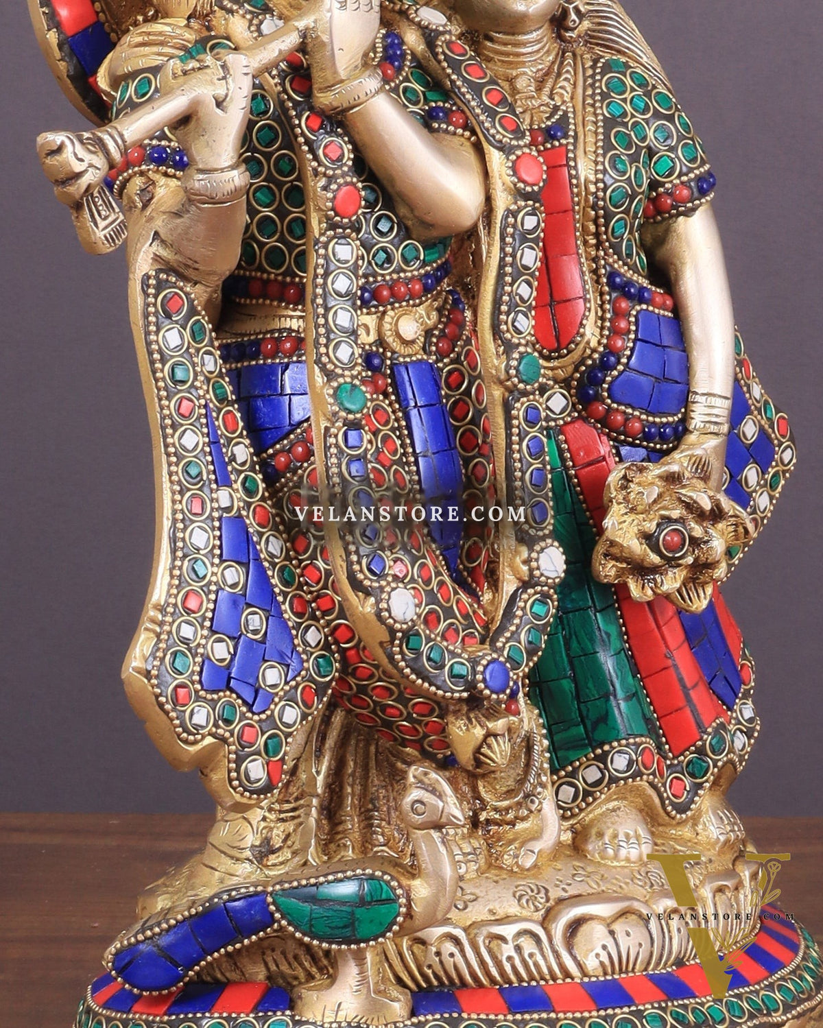 Brass Superfine Radha Krishna together idol - 12 inches with stonework