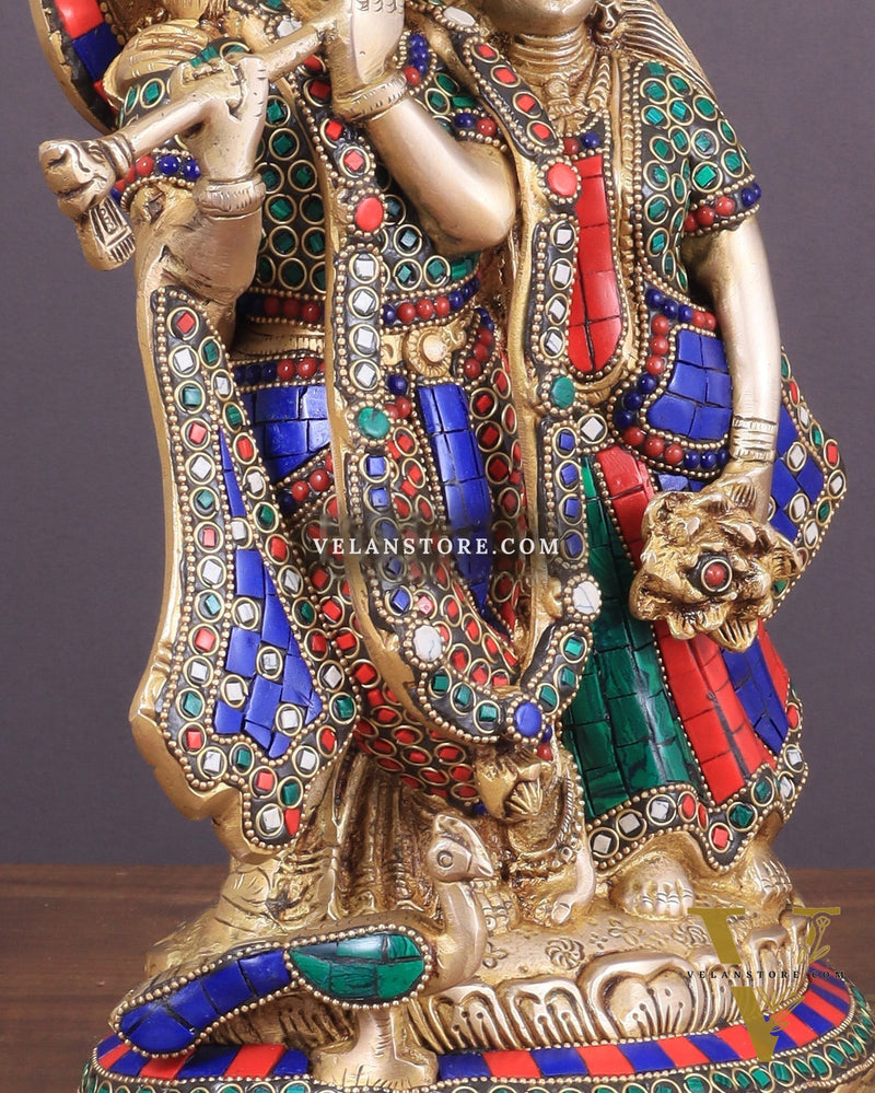 Brass Superfine Radha Krishna together idol - 12 inches with stonework