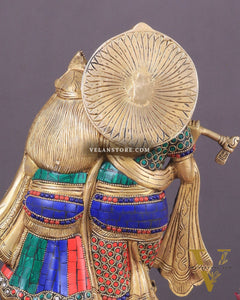 Brass Superfine Radha Krishna together idol - 12 inches with stonework