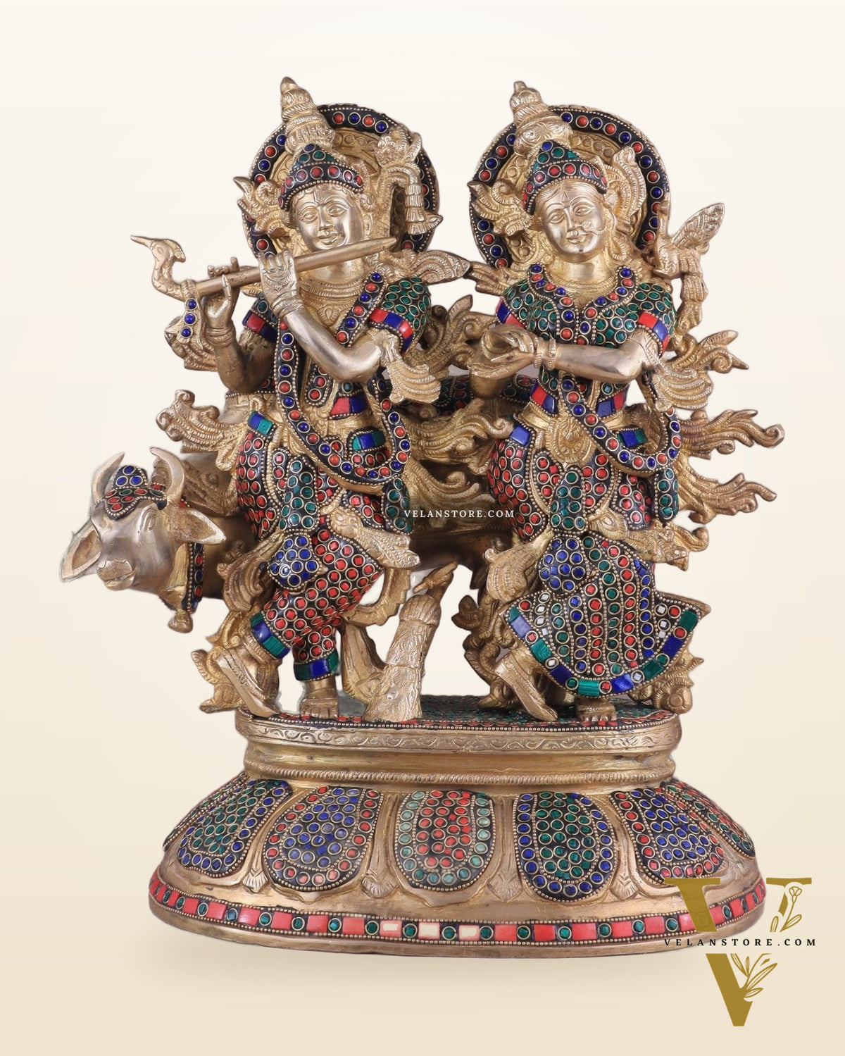 Brass Superfine Radha Krishna with Cow Idol - 16 Inch
