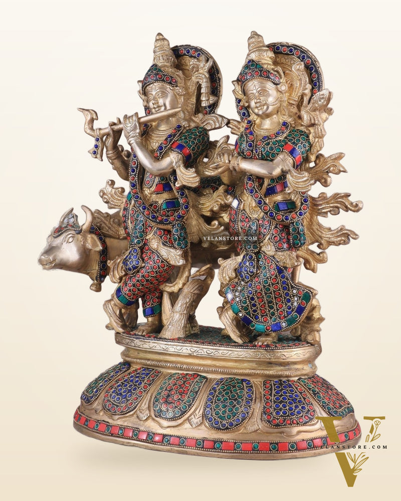 Brass Superfine Radha Krishna with Cow Idol - 16 Inch