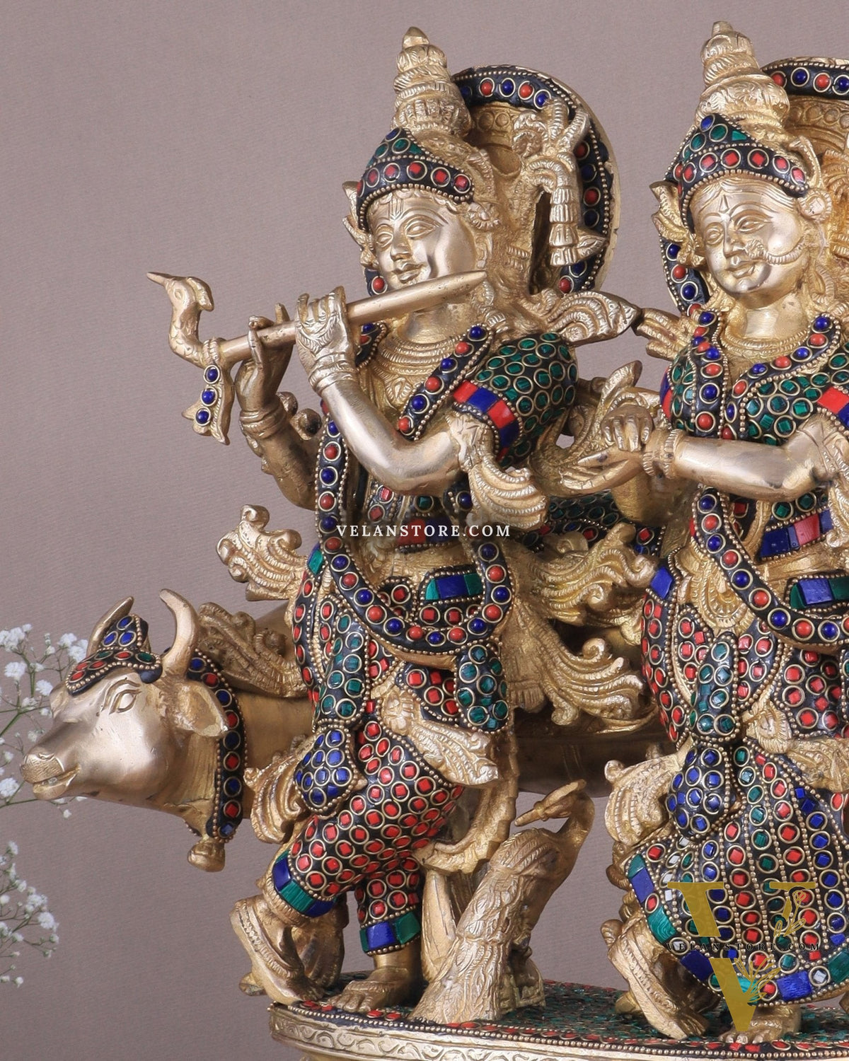 Brass Superfine Radha Krishna with Cow Idol - 16 Inch