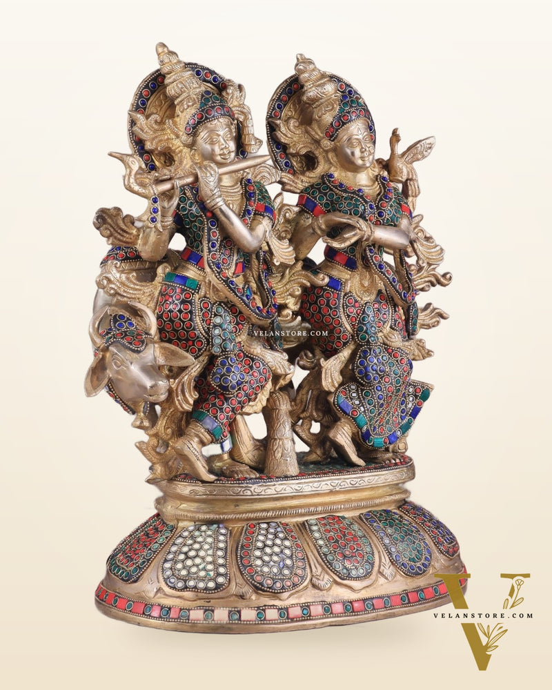 Brass Superfine Radha Krishna with Cow Idol - 16 Inch