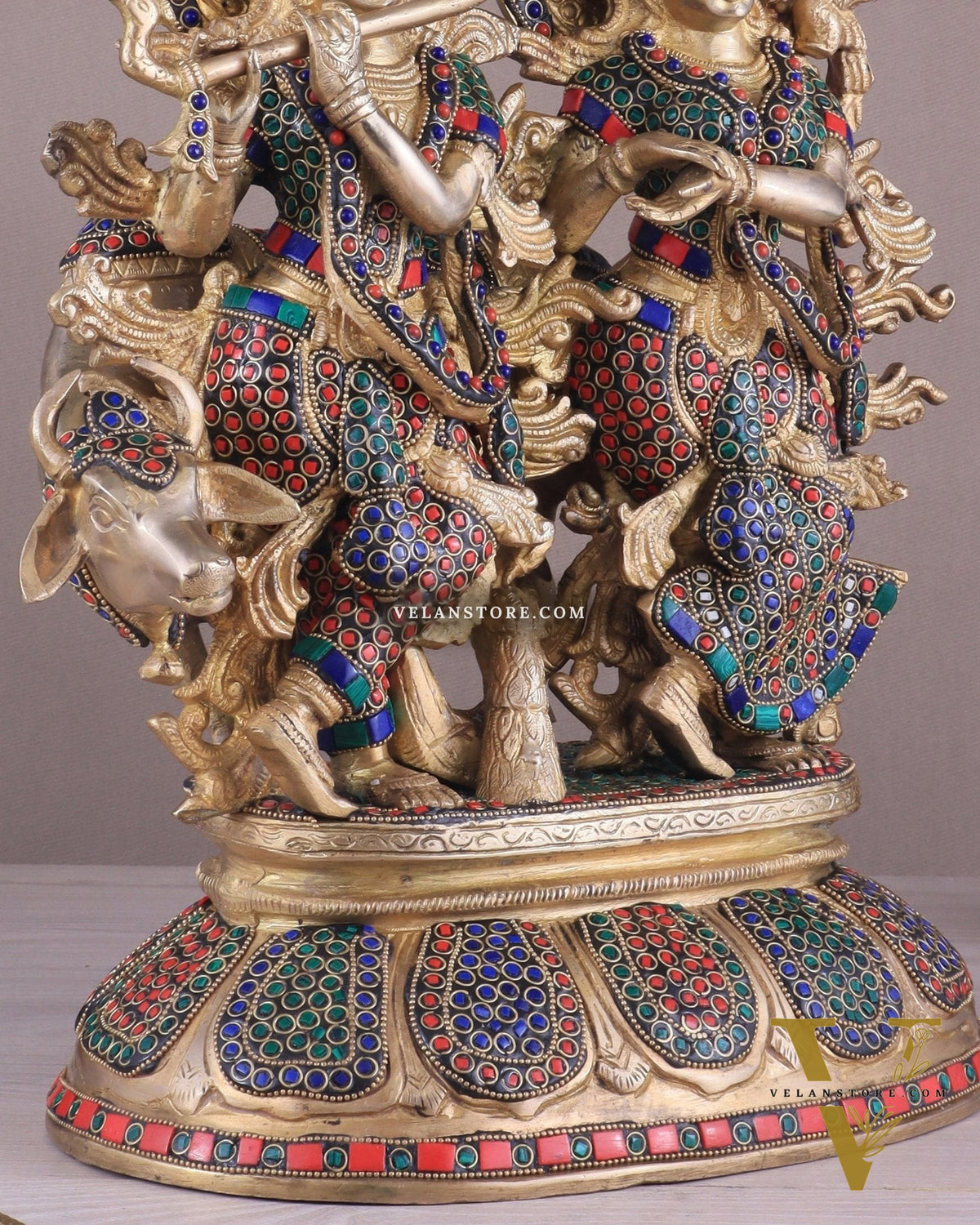 Brass Superfine Radha Krishna with Cow Idol - 16 Inch