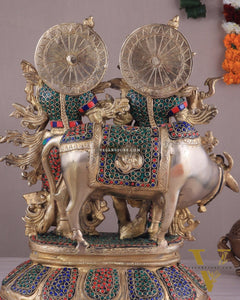 Brass Superfine Radha Krishna with Cow Idol - 16 Inch