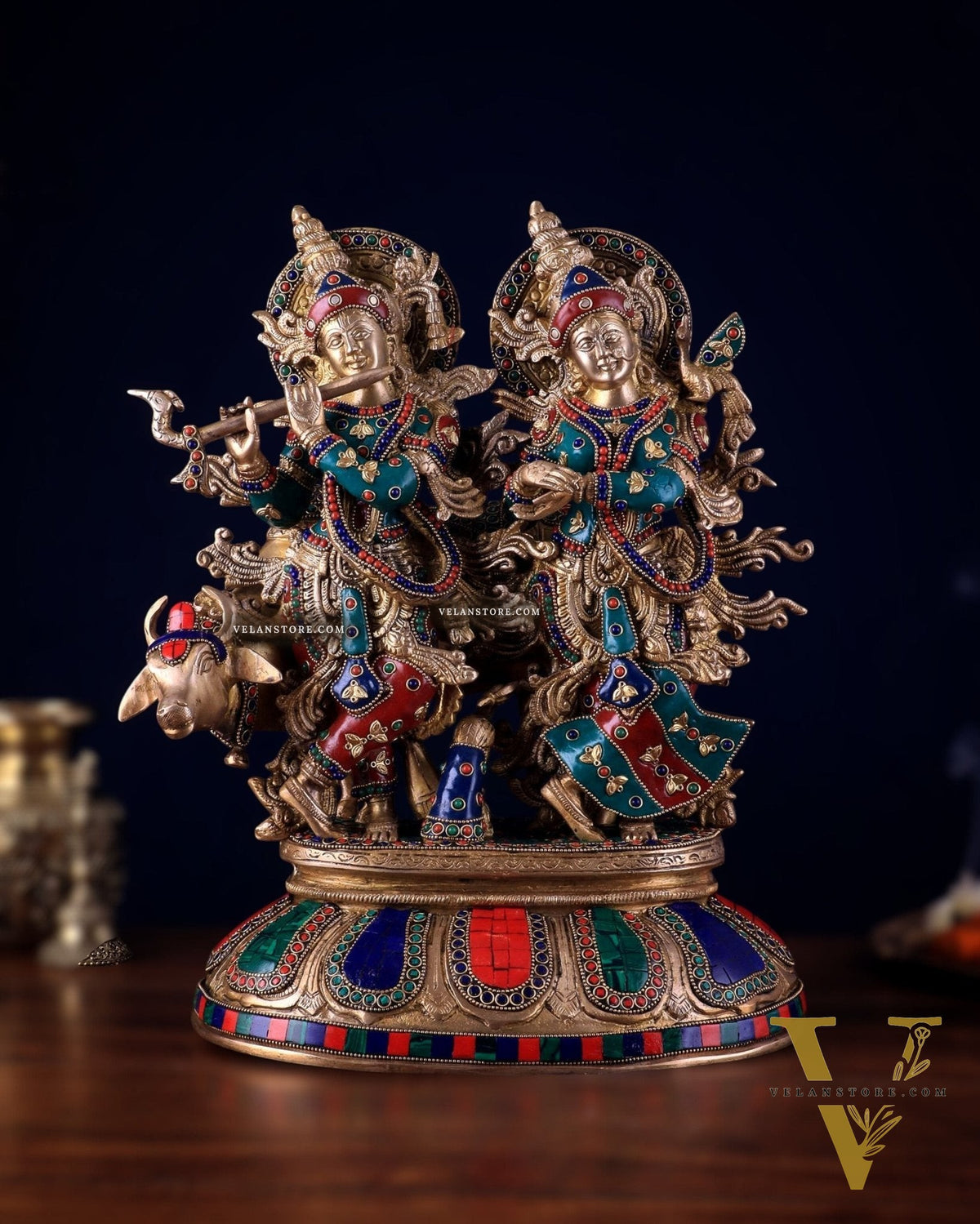 Brass Superfine Radha Krishna with Cow Idol - 16 Inch with stonework