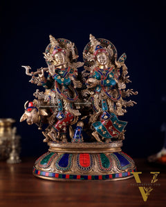Brass Superfine Radha Krishna with Cow Idol - 16 Inch with stonework