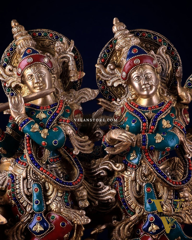 Brass Superfine Radha Krishna with Cow Idol - 16 Inch with stonework