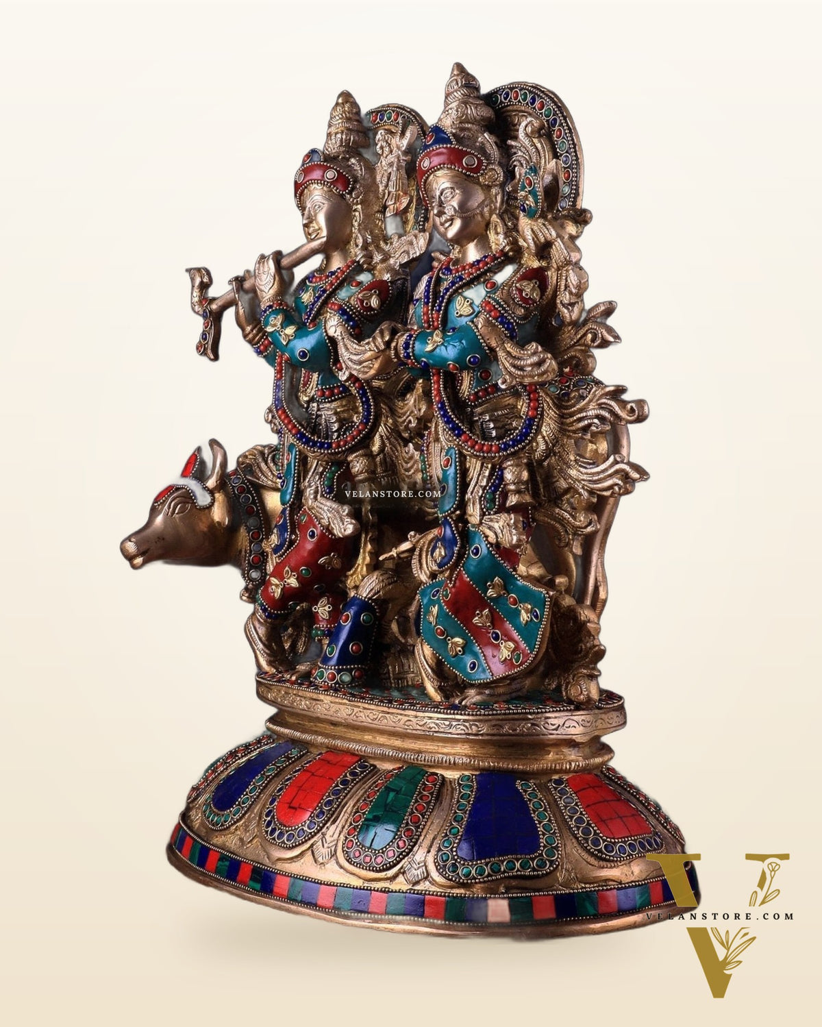 Brass Superfine Radha Krishna with Cow Idol - 16 Inch with stonework
