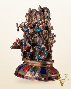 Brass Superfine Radha Krishna with Cow Idol - 16 Inch with stonework