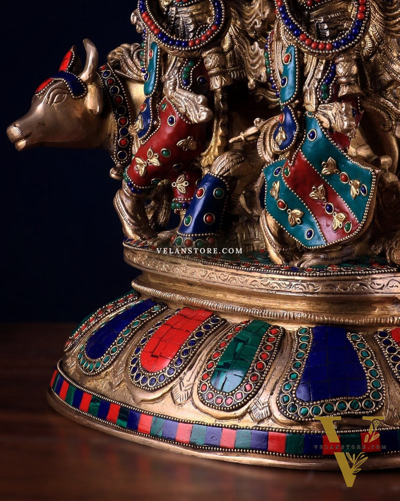 Brass Superfine Radha Krishna with Cow Idol - 16 Inch with stonework