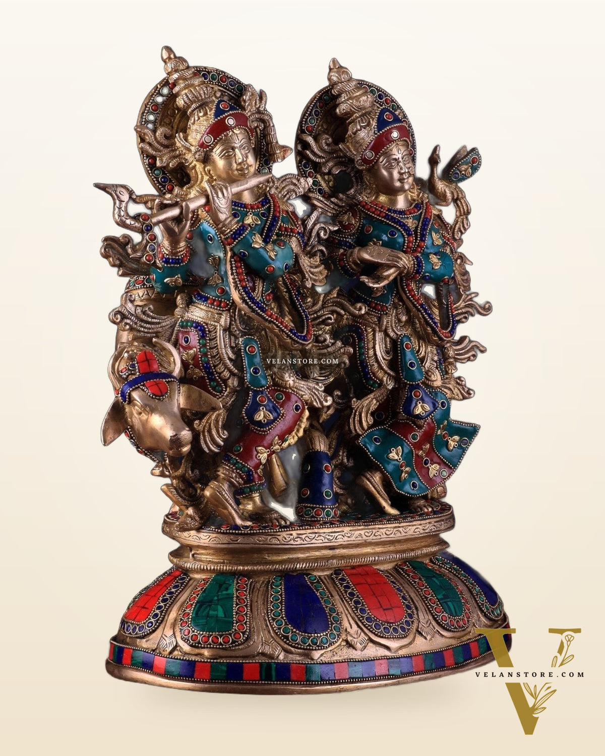 Brass Superfine Radha Krishna with Cow Idol - 16 Inch with stonework