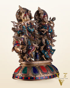 Brass Superfine Radha Krishna with Cow Idol - 16 Inch with stonework