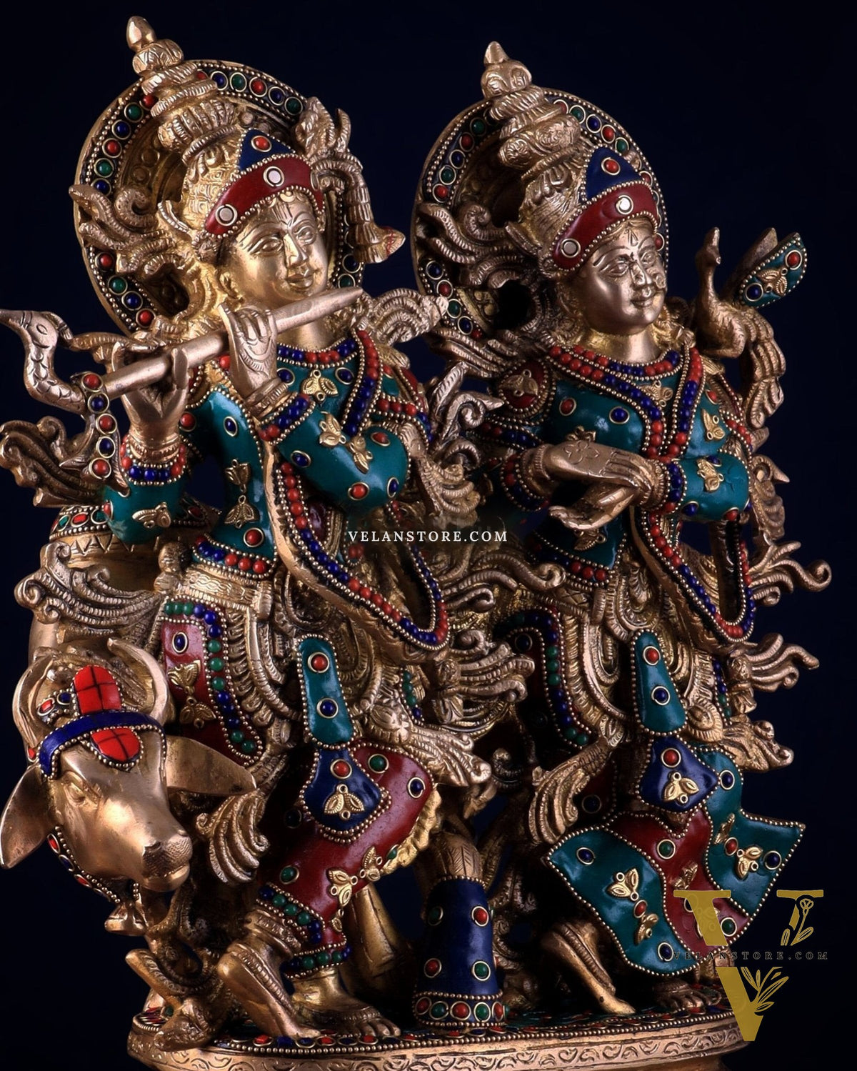 Brass Superfine Radha Krishna with Cow Idol - 16 Inch with stonework