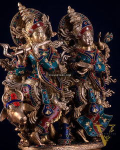 Brass Superfine Radha Krishna with Cow Idol - 16 Inch with stonework