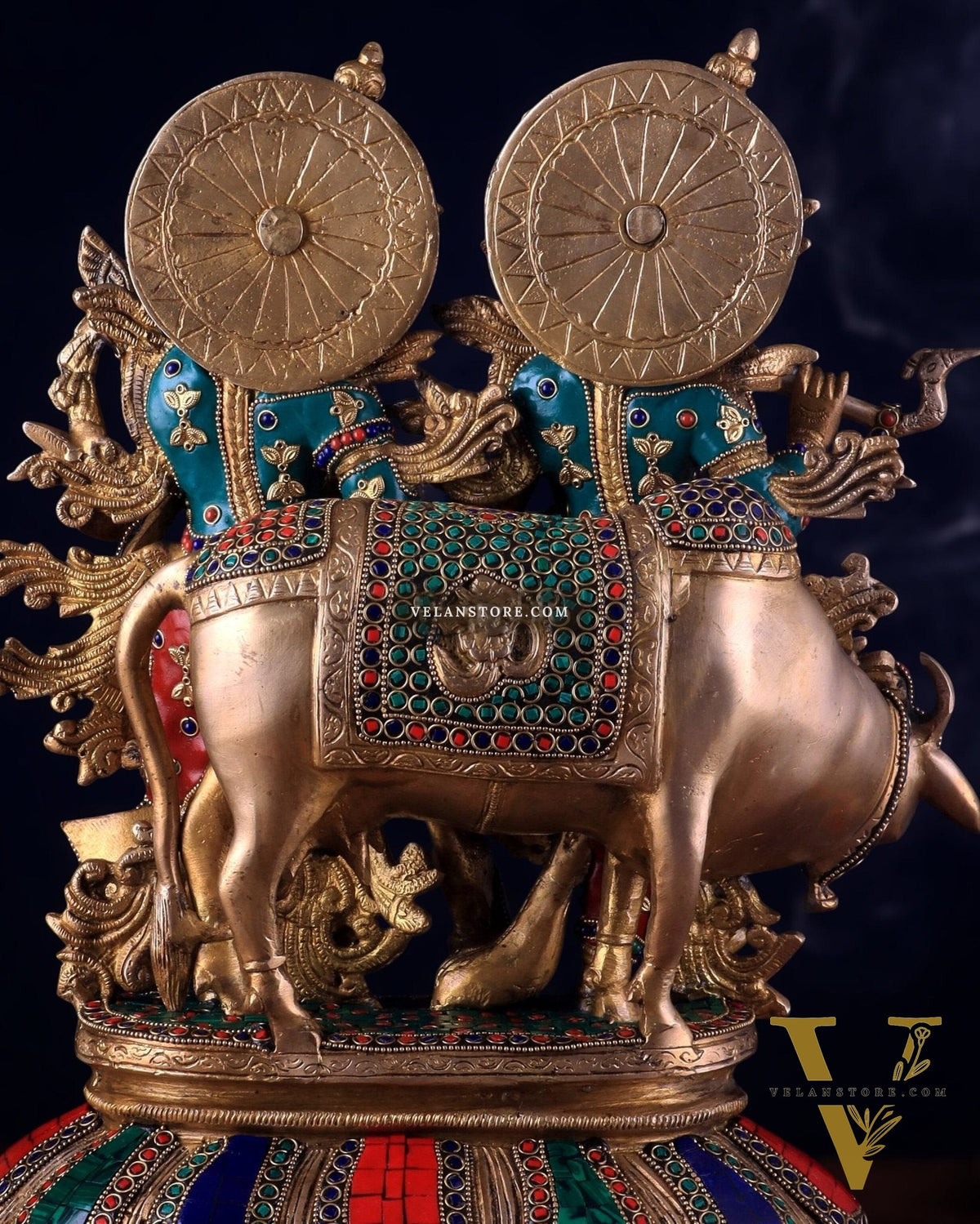 Brass Superfine Radha Krishna with Cow Idol - 16 Inch with stonework