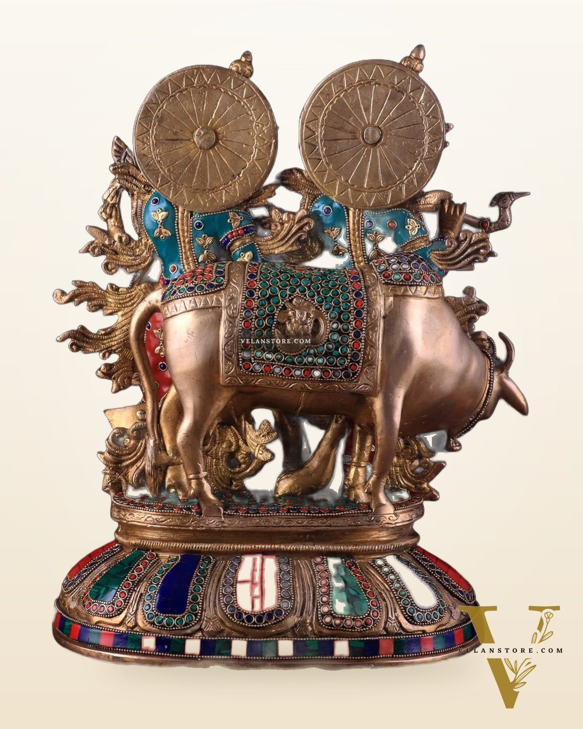 Brass Superfine Radha Krishna with Cow Idol - 16 Inch with stonework