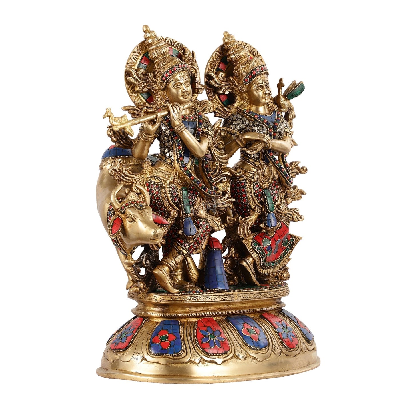 Brass Superfine Radha Krishna with Cow Idol - 16 Inch