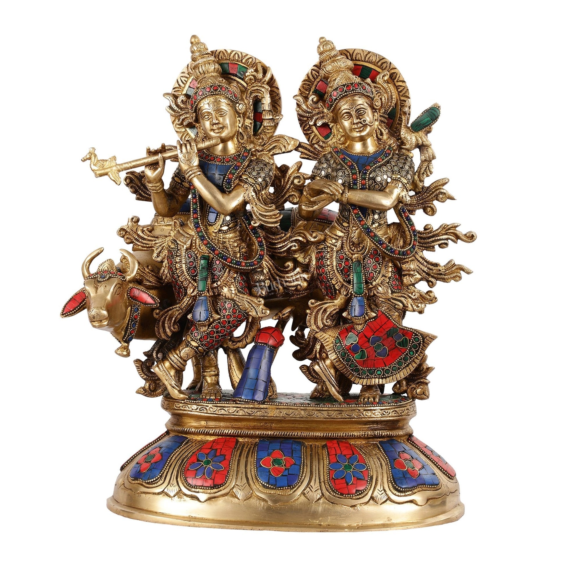 Brass Superfine Radha Krishna with Cow Idol - 16 Inch