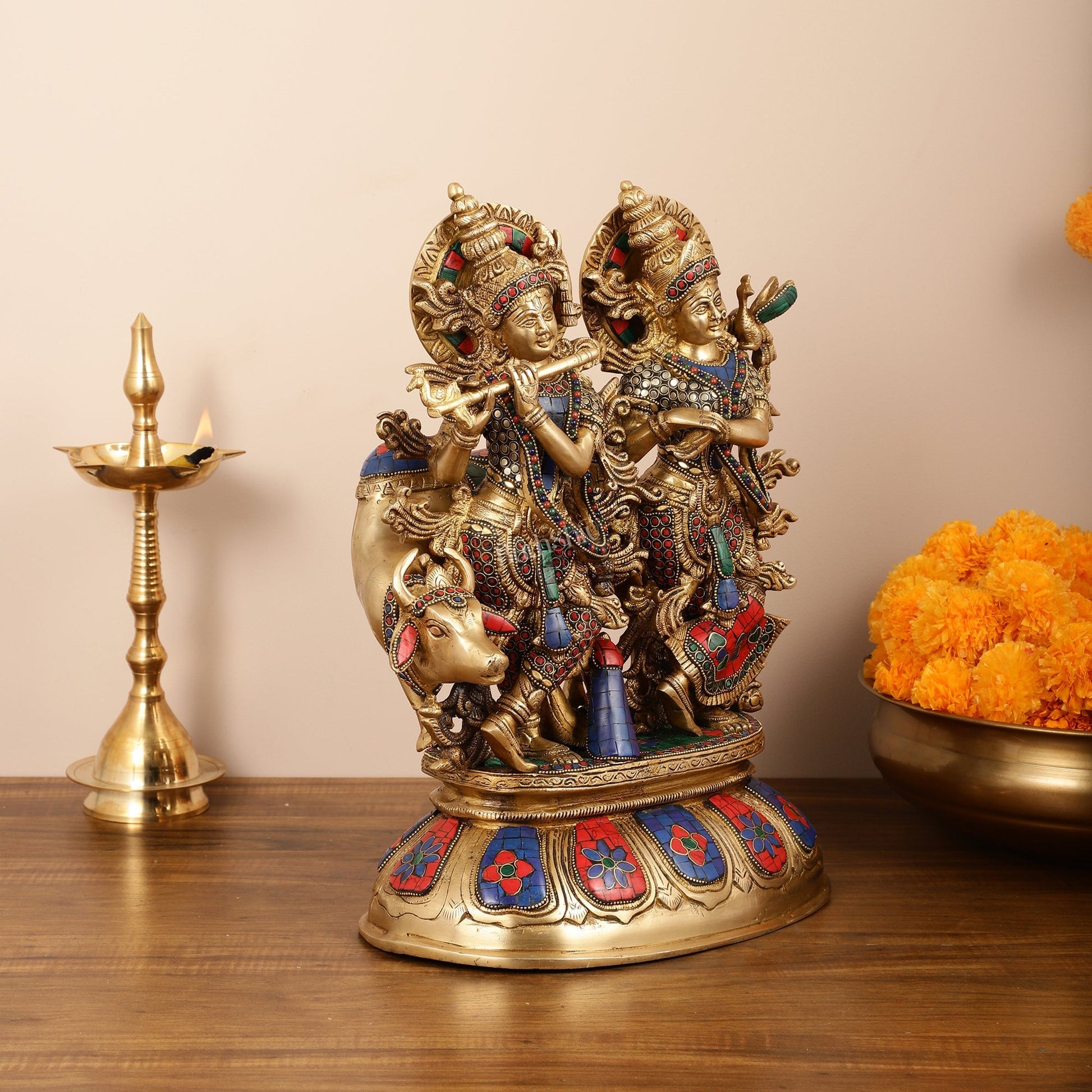 Brass Superfine Radha Krishna with Cow Idol - 16 Inch