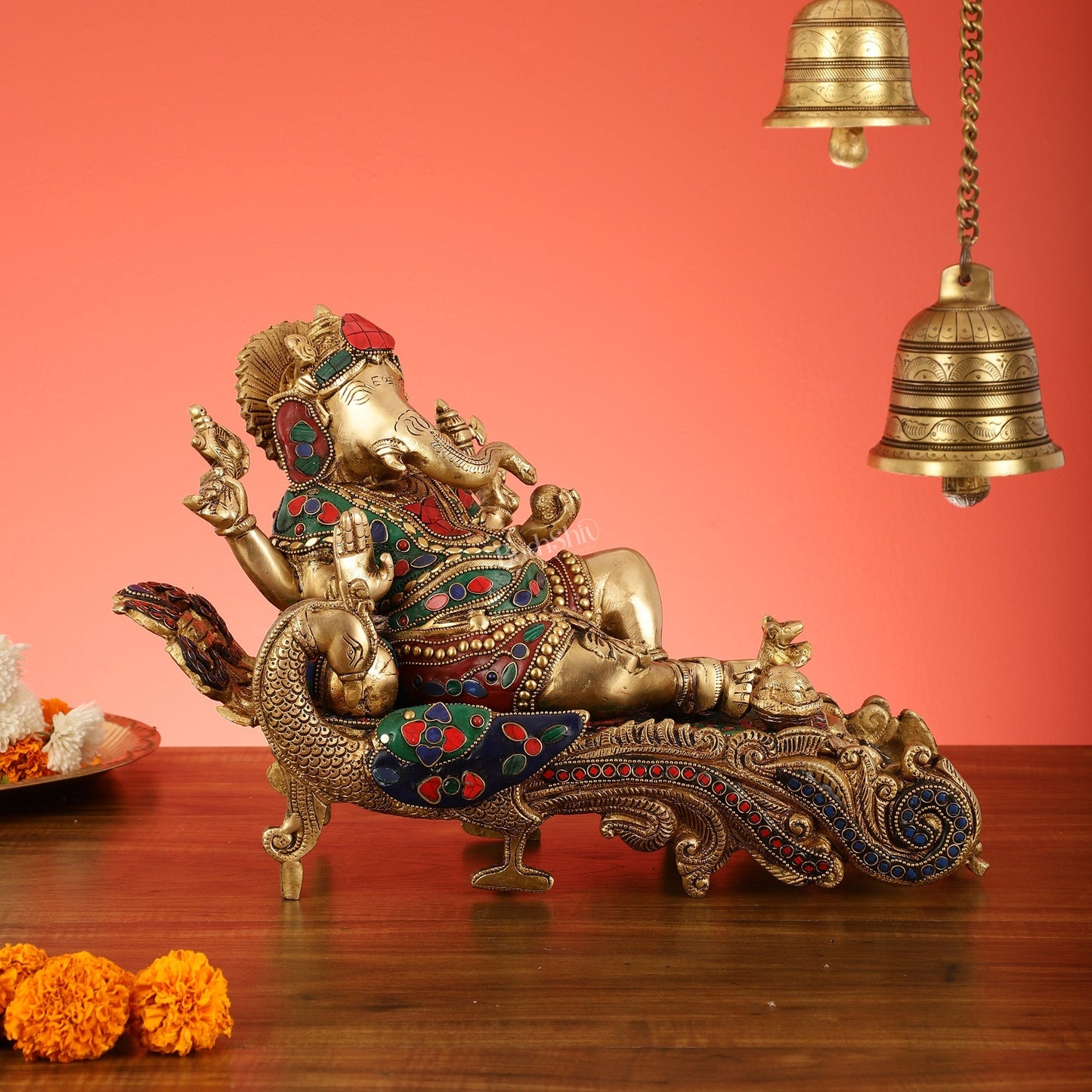 Brass Superfine Resting Large Ganesha Idol with Stonework 16 inch wide