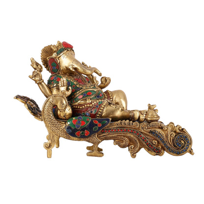 Brass Superfine Resting Large Ganesha Idol with Stonework 16 inch wide