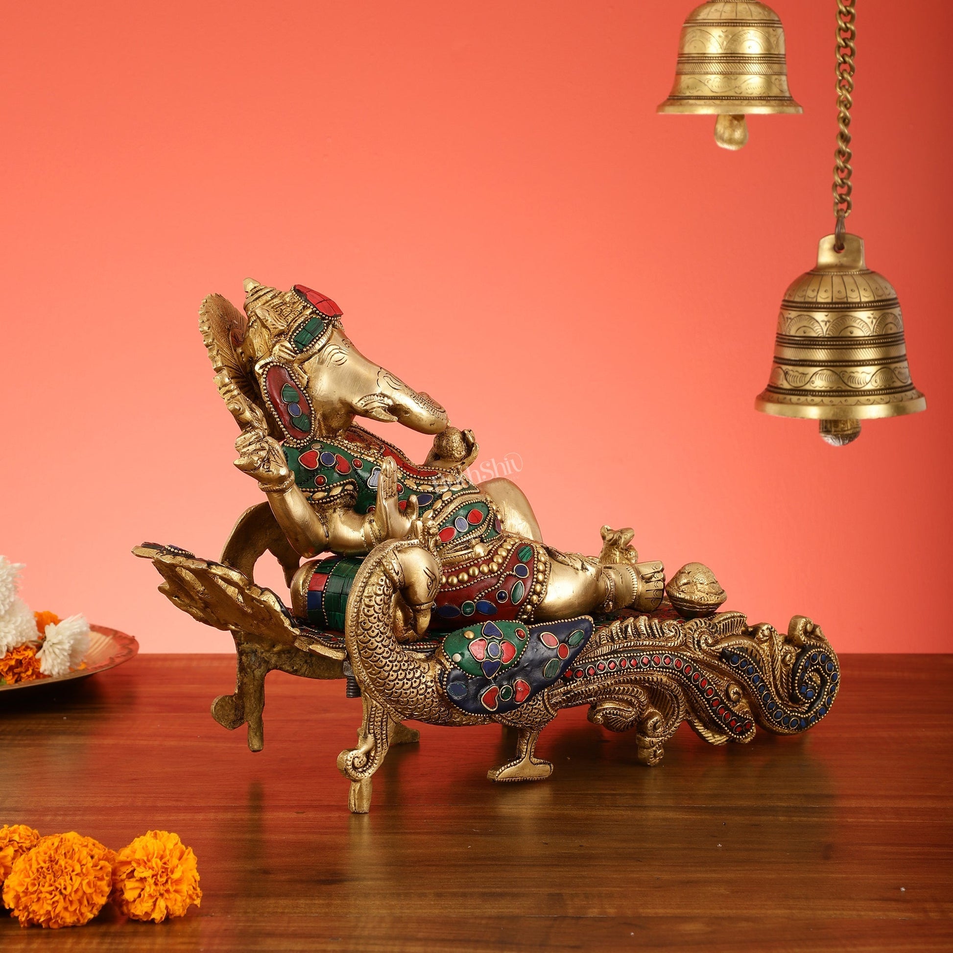 Brass Superfine Resting Large Ganesha Idol with Stonework 16 inch wide