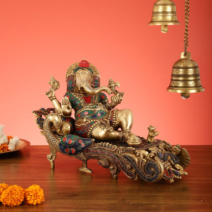 Brass Superfine Resting Large Ganesha Idol with Stonework 16 inch wide
