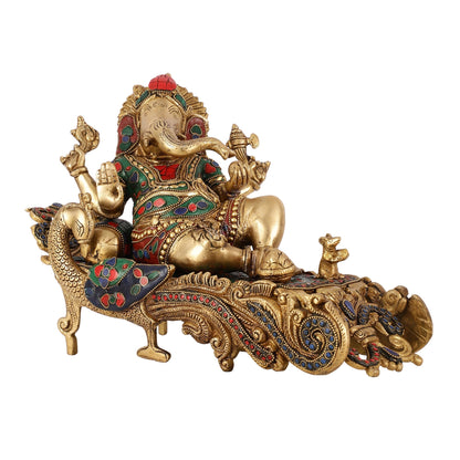 Brass Superfine Resting Large Ganesha Idol with Stonework 16 inch wide