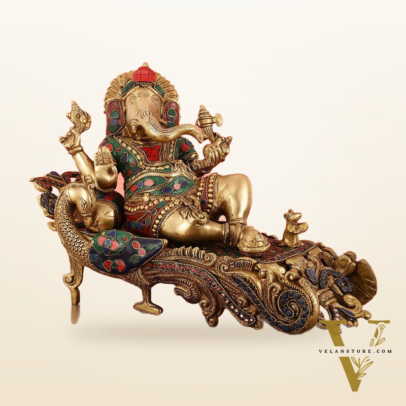 Brass Superfine Resting Large Ganesha Idol with Stonework 16 inch wide