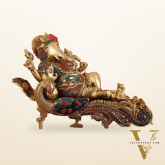 Brass Superfine Resting Large Ganesha Idol with Stonework 16 inch wide