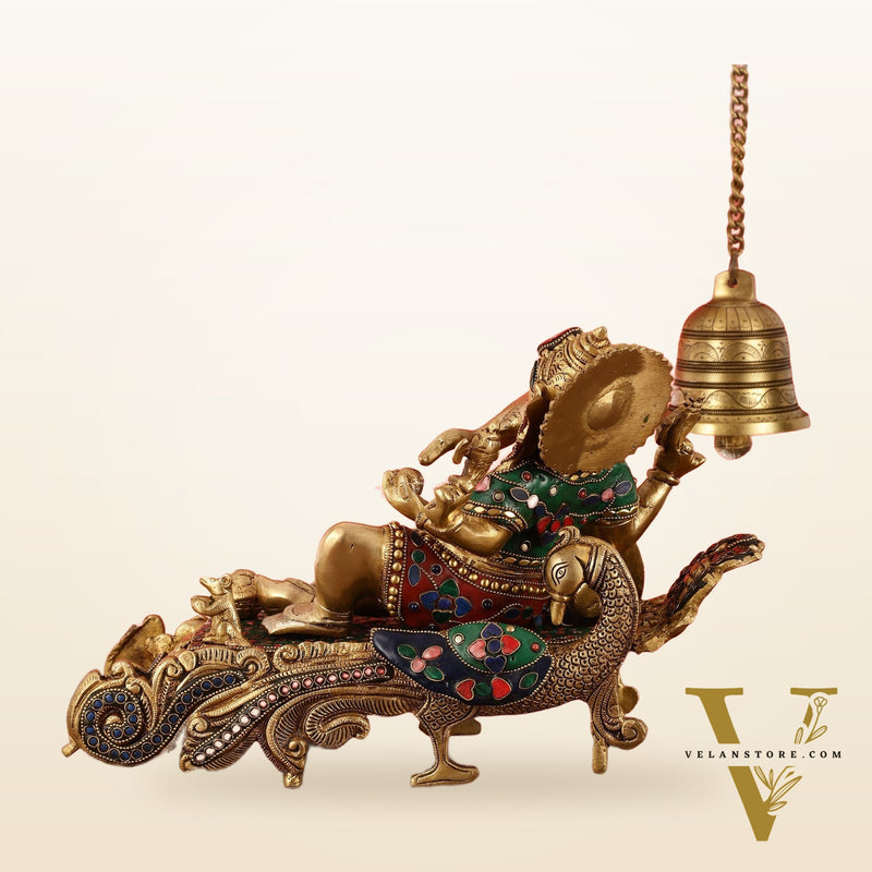 Brass Superfine Resting Large Ganesha Idol with Stonework 16 inch wide