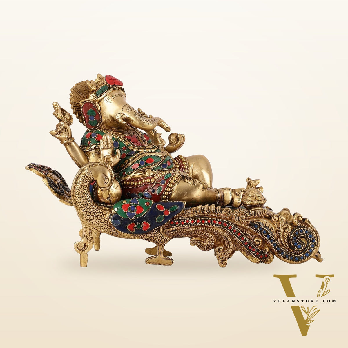Brass Superfine Resting Large Ganesha Idol with Stonework 16 inch wide