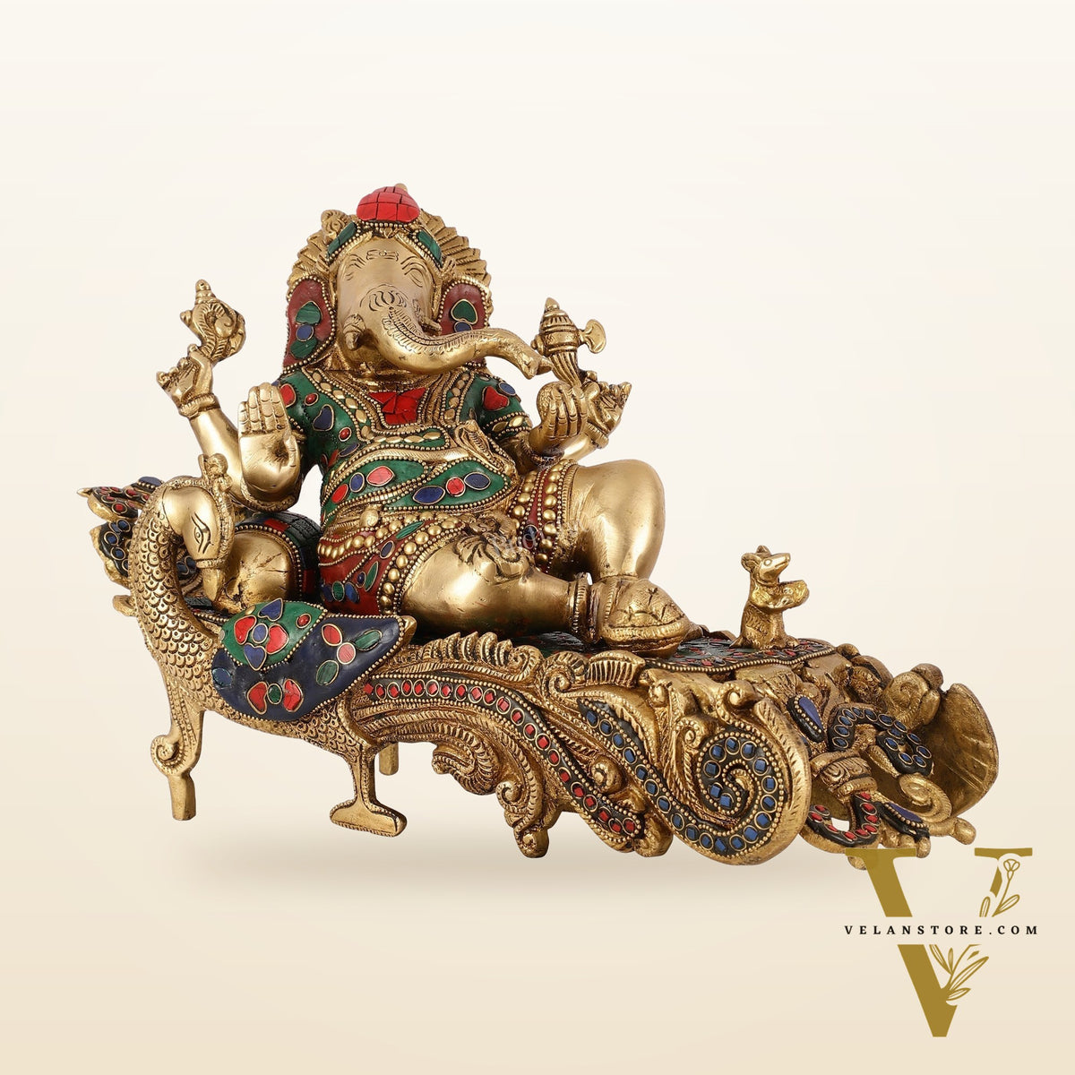 Brass Superfine Resting Large Ganesha Idol with Stonework 16 inch wide