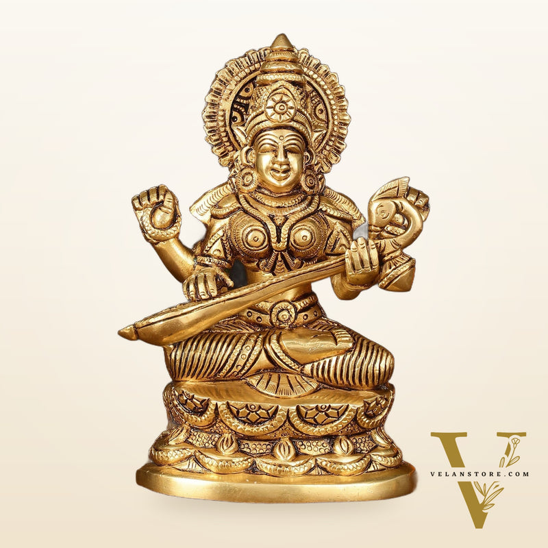 Brass Superfine Saraswati Idol - 7" Elegant Sculpture
