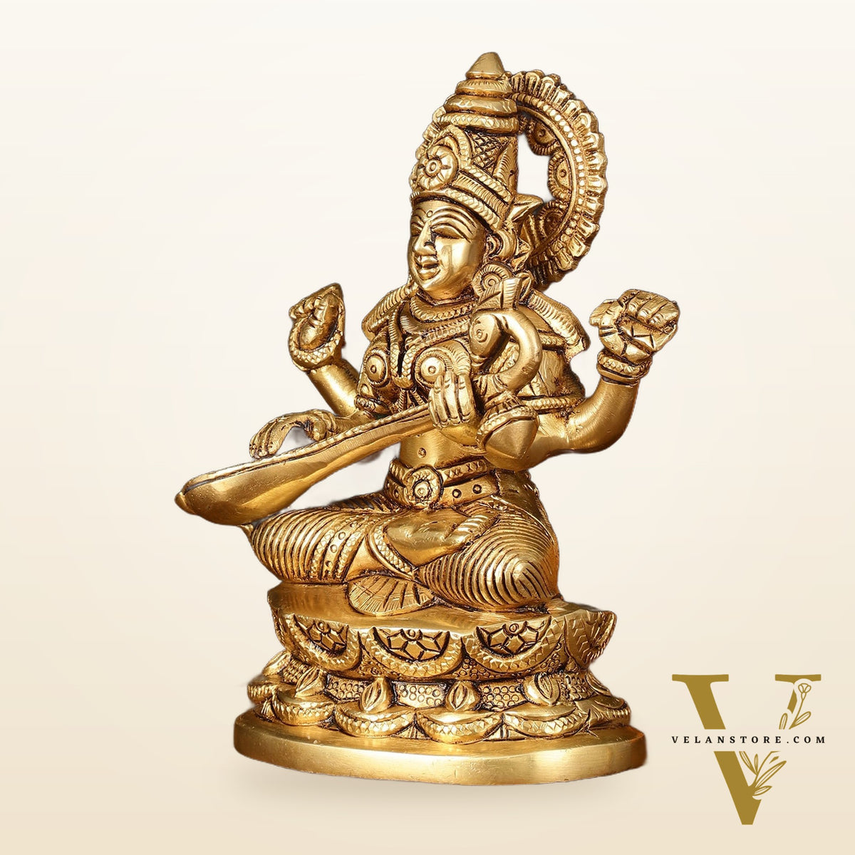 Brass Superfine Saraswati Idol - 7" Elegant Sculpture
