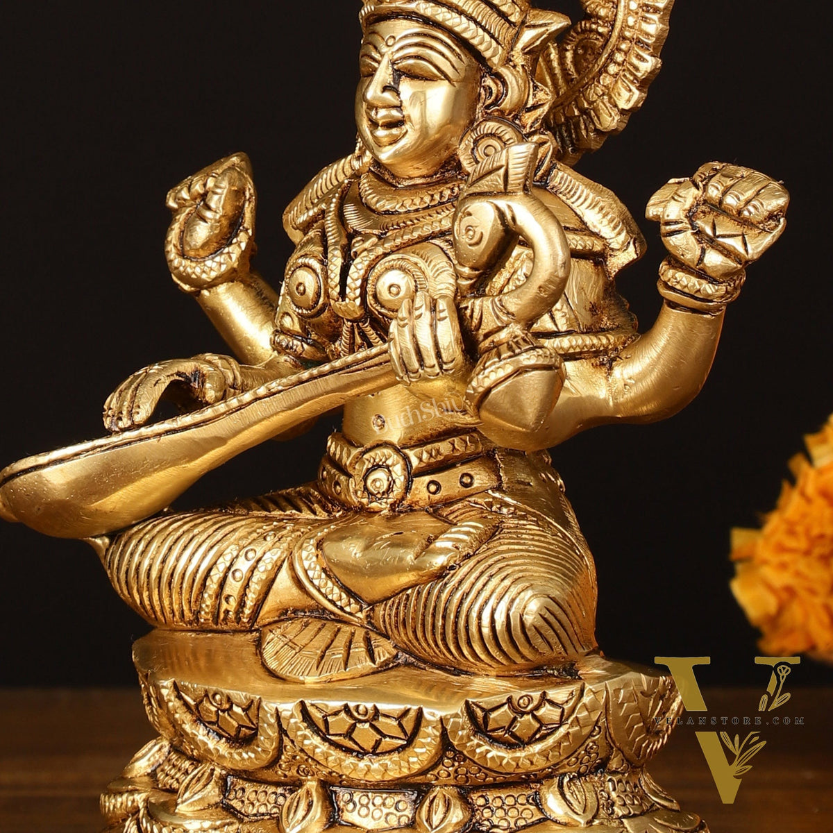 Brass Superfine Saraswati Idol - 7" Elegant Sculpture
