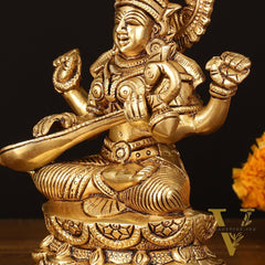 Brass Superfine Saraswati Idol - 7" Elegant Sculpture