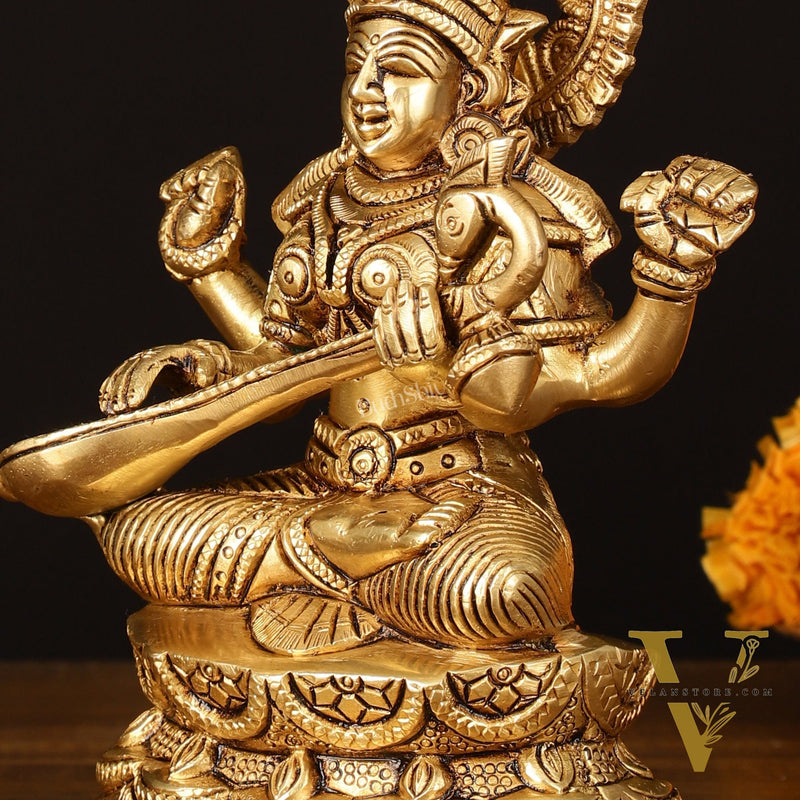 Brass Superfine Saraswati Idol - 7" Elegant Sculpture