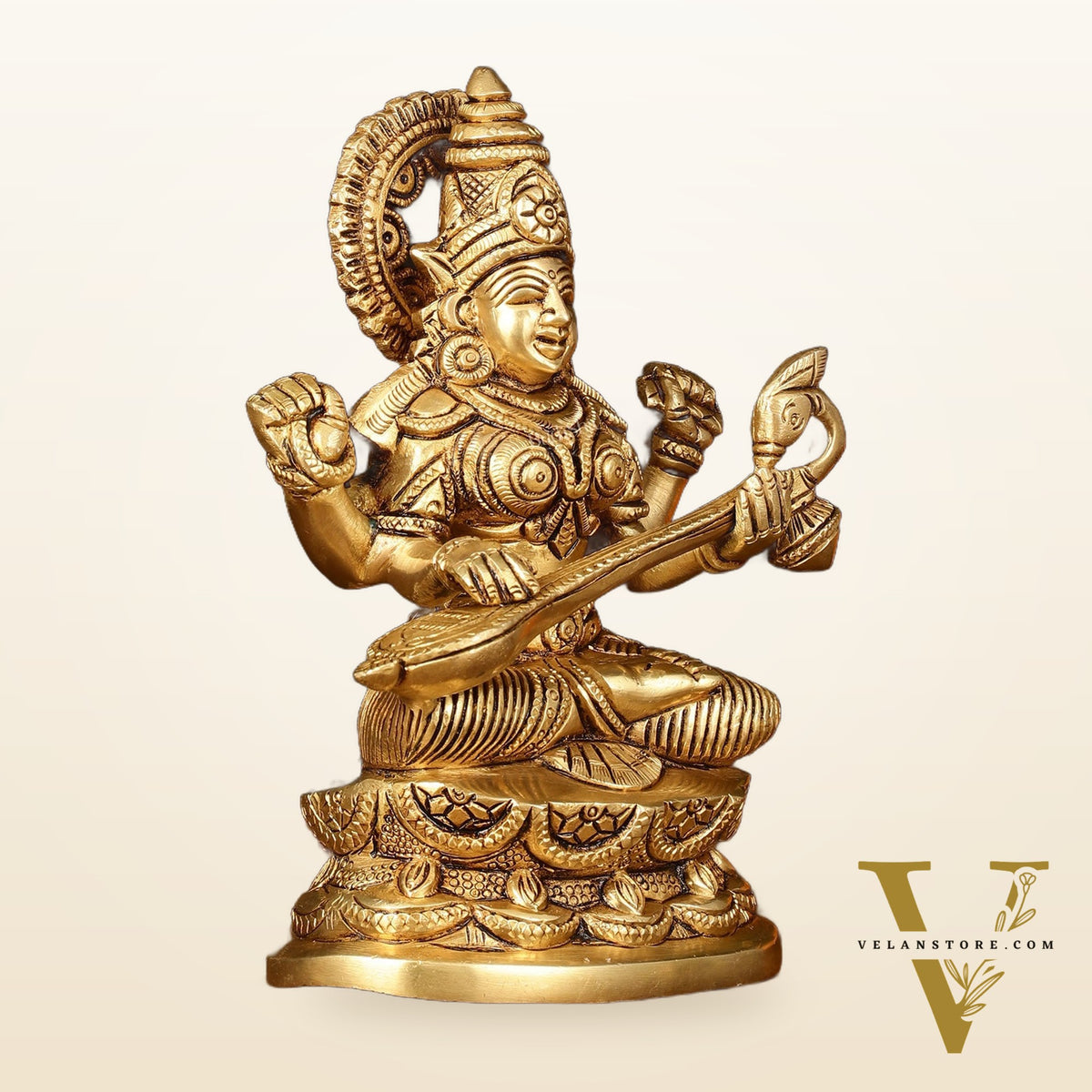Brass Superfine Saraswati Idol - 7" Elegant Sculpture