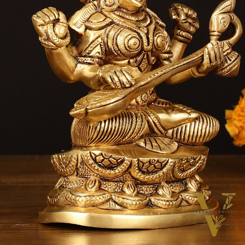 Brass Superfine Saraswati Idol - 7" Elegant Sculpture